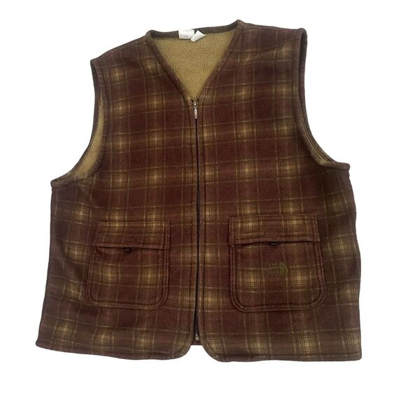 Vintage The North Face Fleece Brown Plaid Vest Jacket Made in USA Mens L - Picture 3 of 9